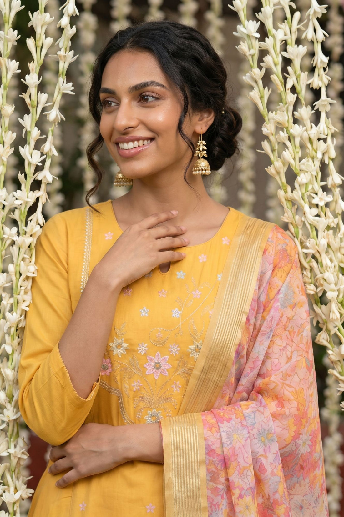 Peach Zari Floral Printed Jacquard Dupatta