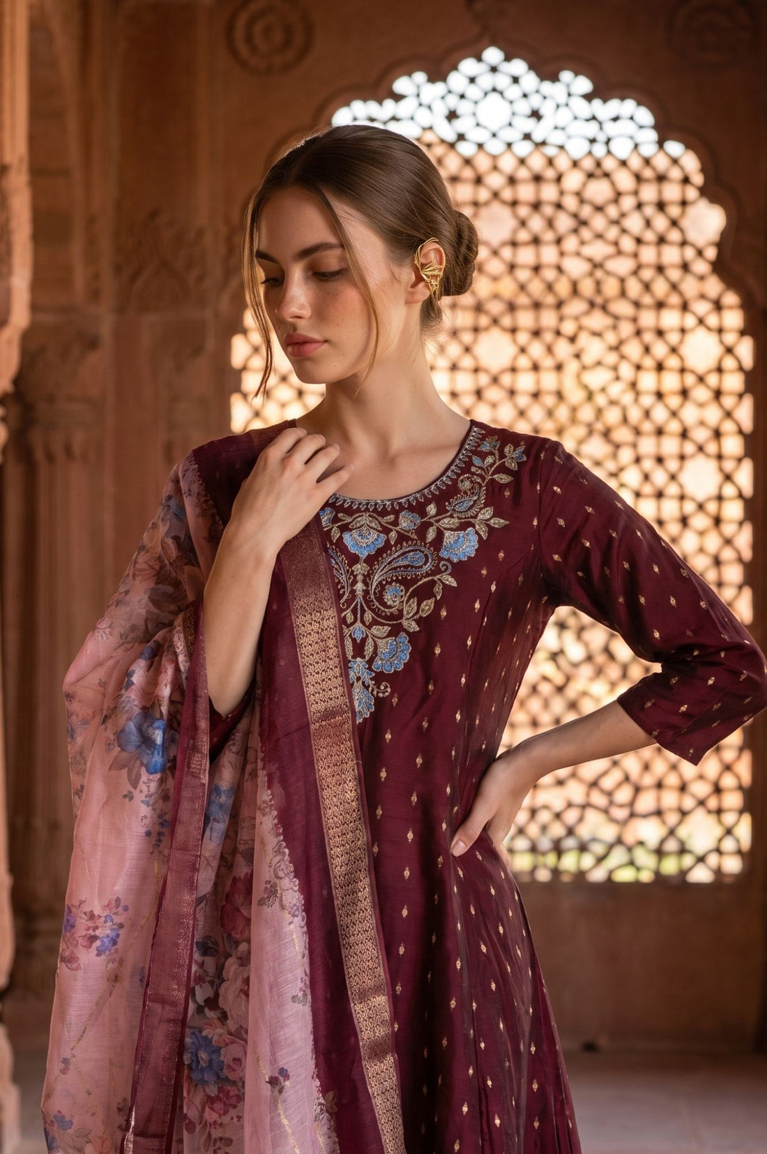 Pink Floral Printed Zari Jacquard Dupatta