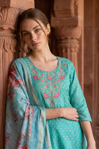Teal Floral Printed Zari Jacquard Dupatta
