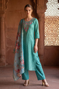 Teal Floral Printed Zari Jacquard Dupatta