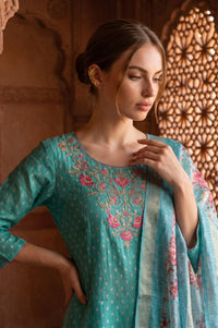 Teal Floral Printed Zari Jacquard Dupatta