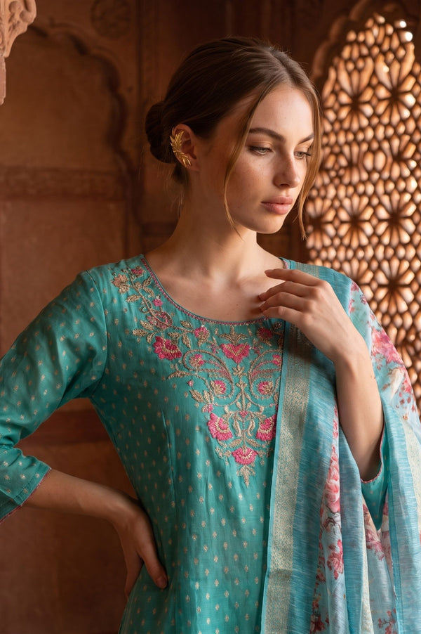 Teal Floral Printed Zari Jacquard Dupatta