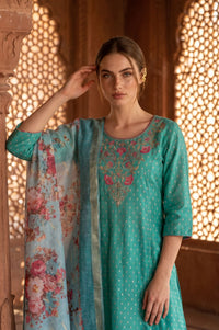 Teal Floral Printed Zari Jacquard Dupatta