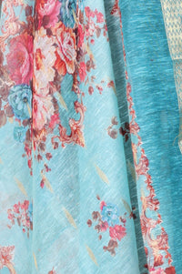 Teal Floral Printed Zari Jacquard Dupatta