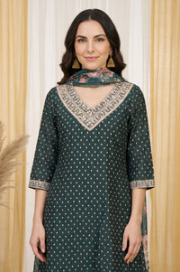 Teal Zari Floral Printed Jacquard Dupatta