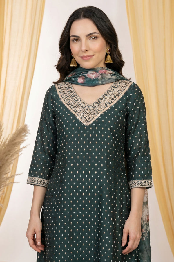 Teal Zari Floral Printed Jacquard Dupatta