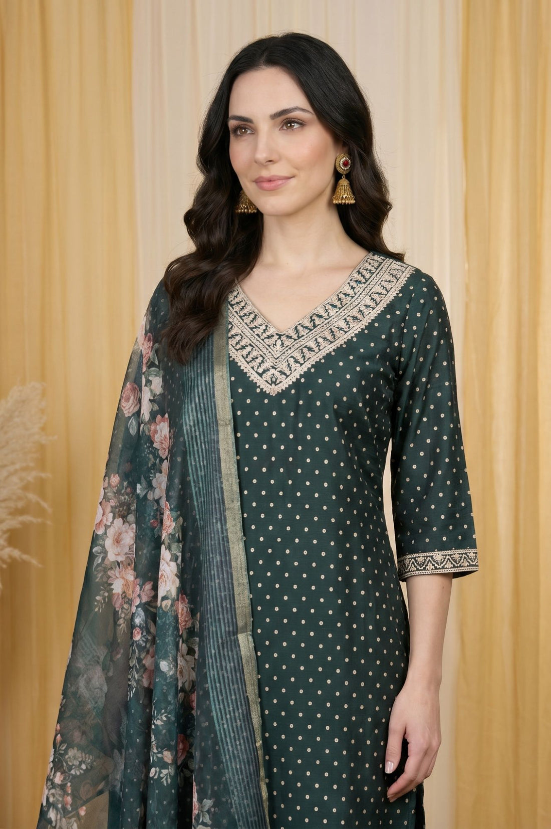 Teal Zari Floral Printed Jacquard Dupatta