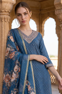 Blue Zari Floral Printed Jacquard Dupatta
