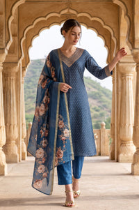 Blue Zari Floral Printed Jacquard Dupatta