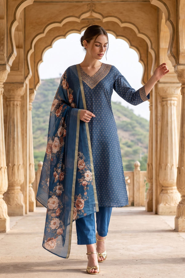 Blue Zari Floral Printed Jacquard Dupatta
