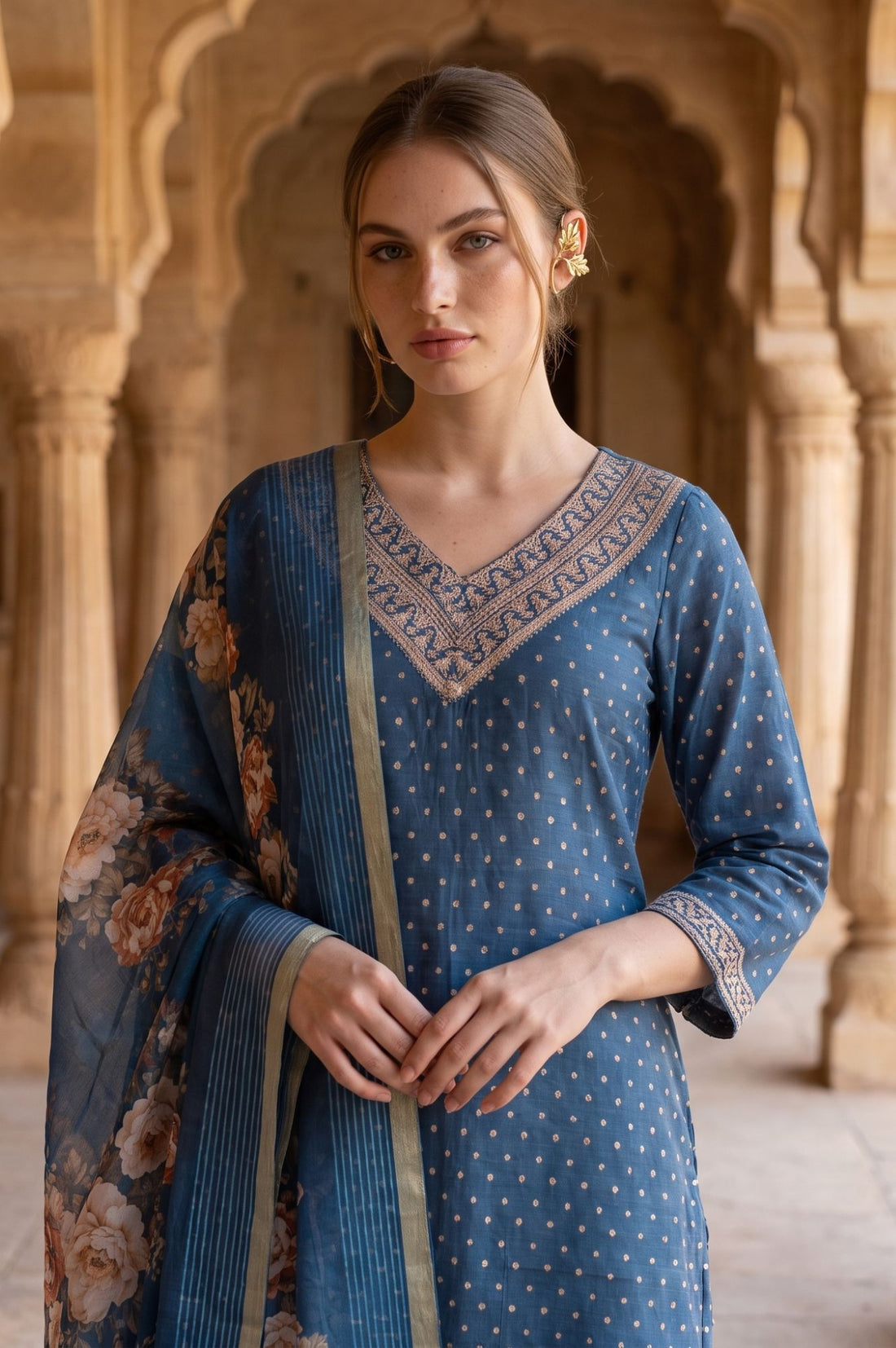 Blue Zari Floral Printed Jacquard Dupatta