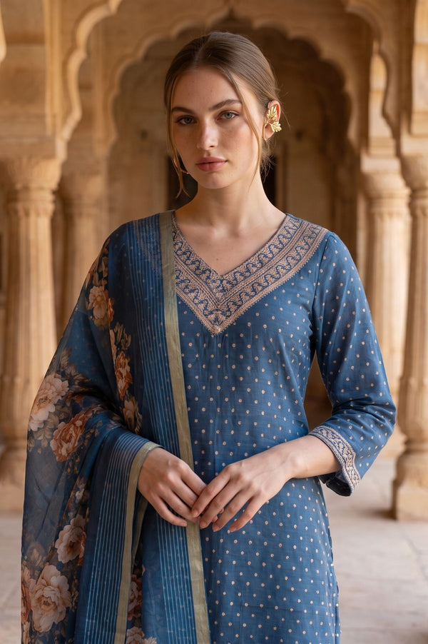 Blue Zari Floral Printed Jacquard Dupatta