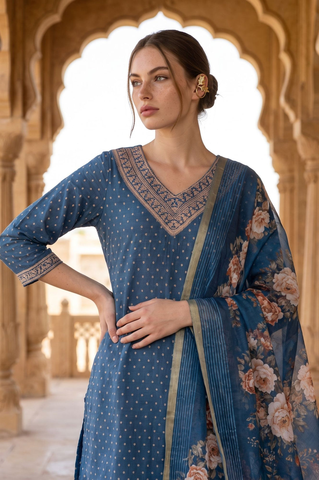Blue Zari Floral Printed Jacquard Dupatta