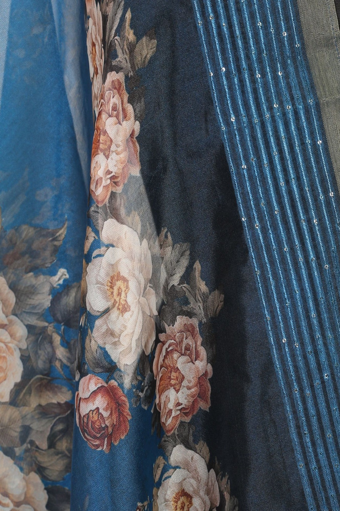 Blue Zari Floral Printed Jacquard Dupatta
