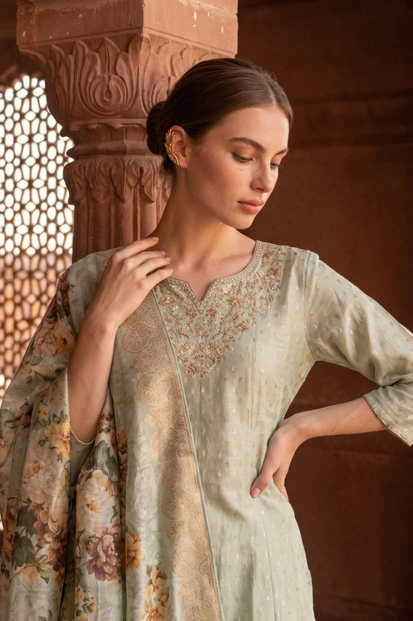 Mint Green Floral Printed Zari Jacquard Dupatta