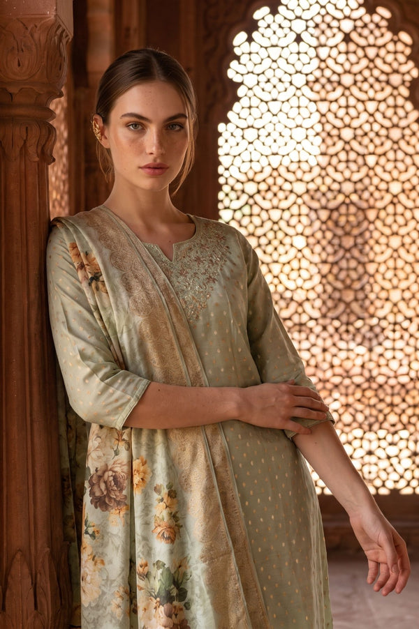 Mint Green Floral Printed Zari Jacquard Dupatta
