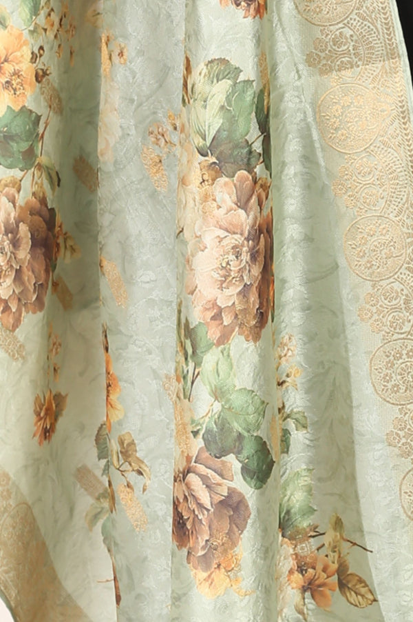 Mint Green Floral Printed Zari Jacquard Dupatta