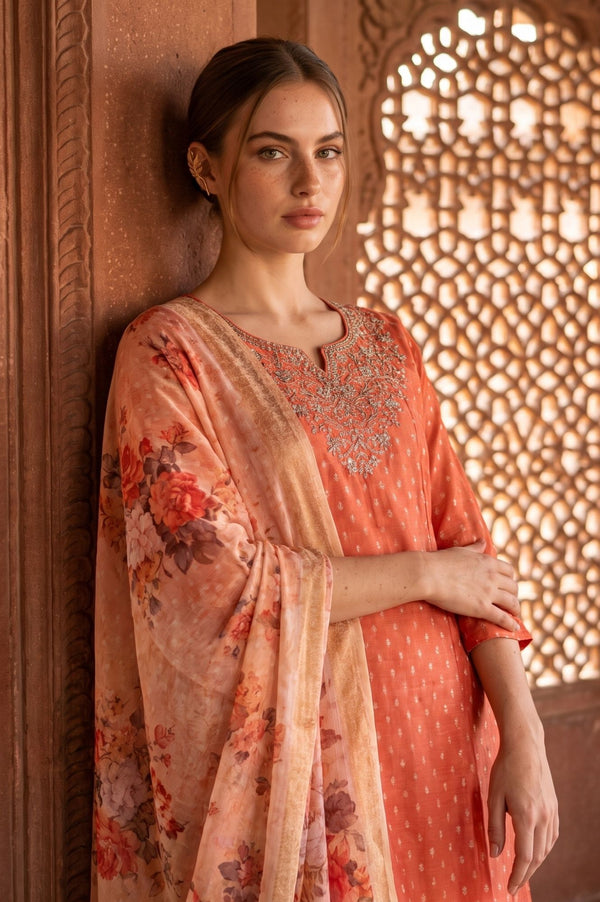 Peach Zari Floral Printed Jacquard Dupatta