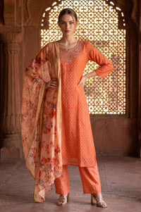 Peach Zari Floral Printed Jacquard Dupatta