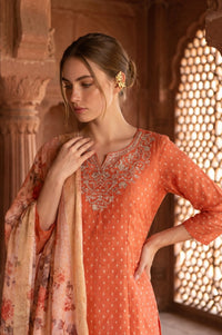 Peach Zari Floral Printed Jacquard Dupatta
