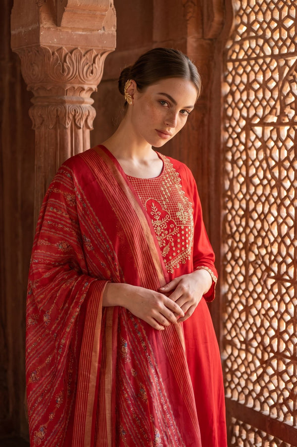Red Zari Floral Printed Jacquard Dupatta