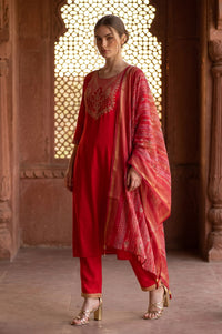 Red Zari Floral Printed Jacquard Dupatta