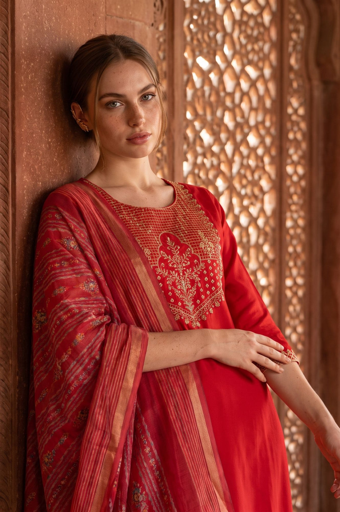 Red Zari Floral Printed Jacquard Dupatta
