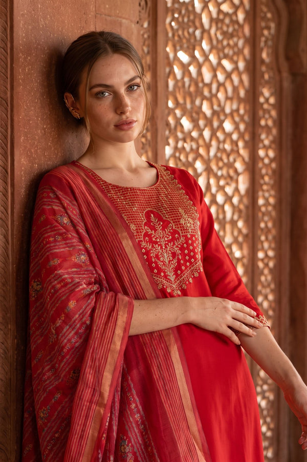 Red Zari Floral Printed Jacquard Dupatta