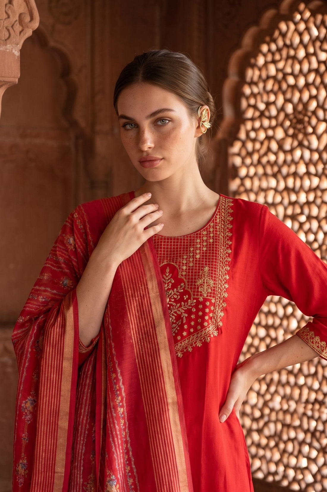 Red Zari Floral Printed Jacquard Dupatta