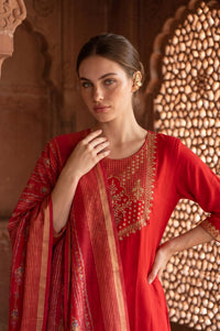 Red Zari Floral Printed Jacquard Dupatta