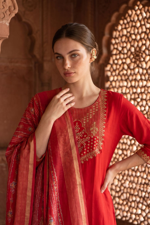 Red Zari Floral Printed Jacquard Dupatta
