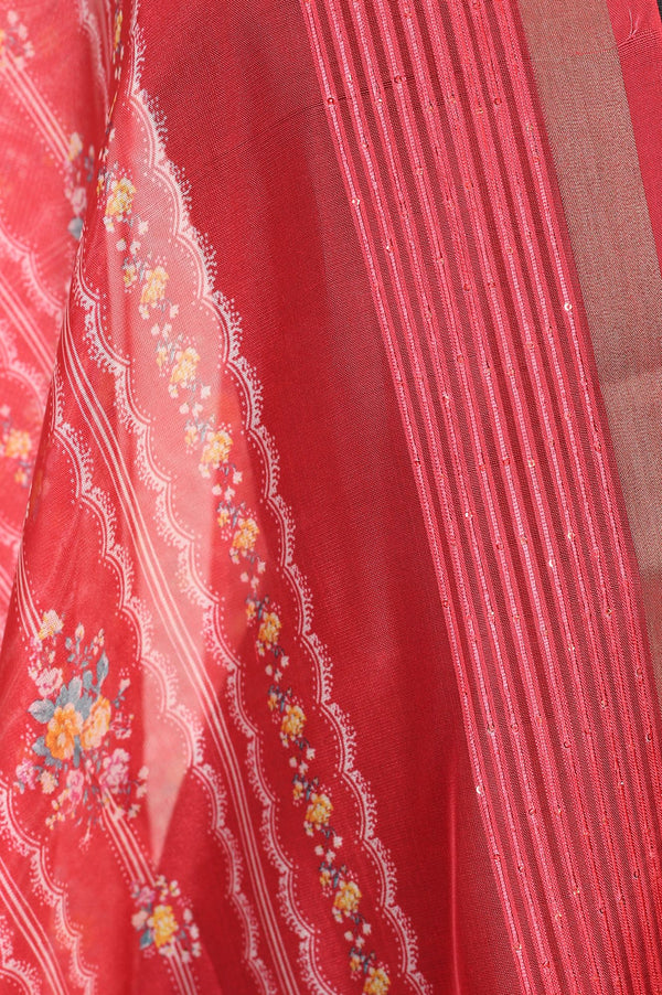 Red Zari Floral Printed Jacquard Dupatta
