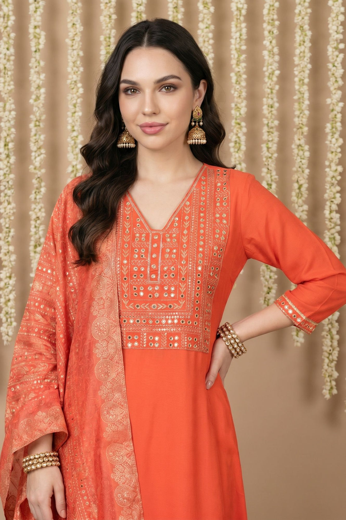Orange Zari Ethnic Motifs Printed Jacquard Dupatta