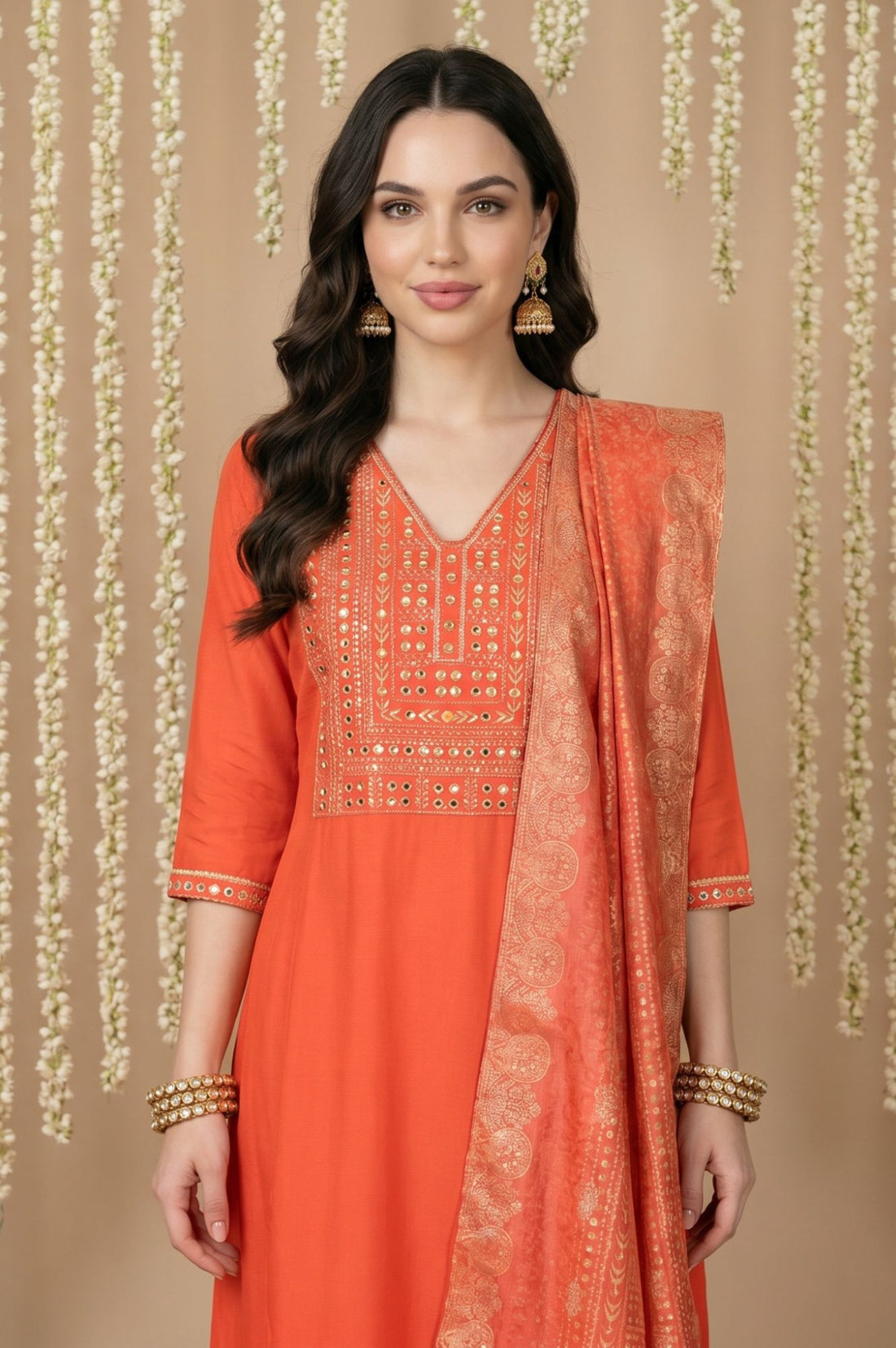 Orange Zari Ethnic Motifs Printed Jacquard Dupatta