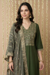 Olive Zari Ethnic Motifs Printed Jacquard Dupatta