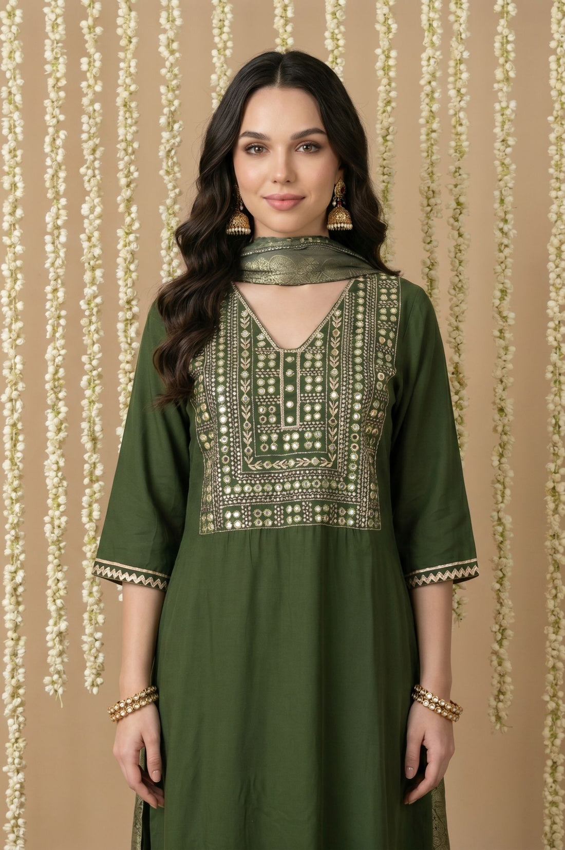 Olive Zari Ethnic Motifs Printed Jacquard Dupatta
