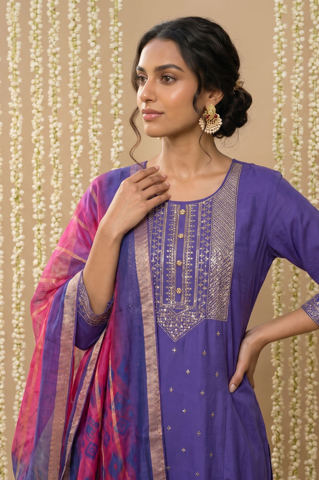 Pink Zari Geometric Printed Jacquard Dupatta