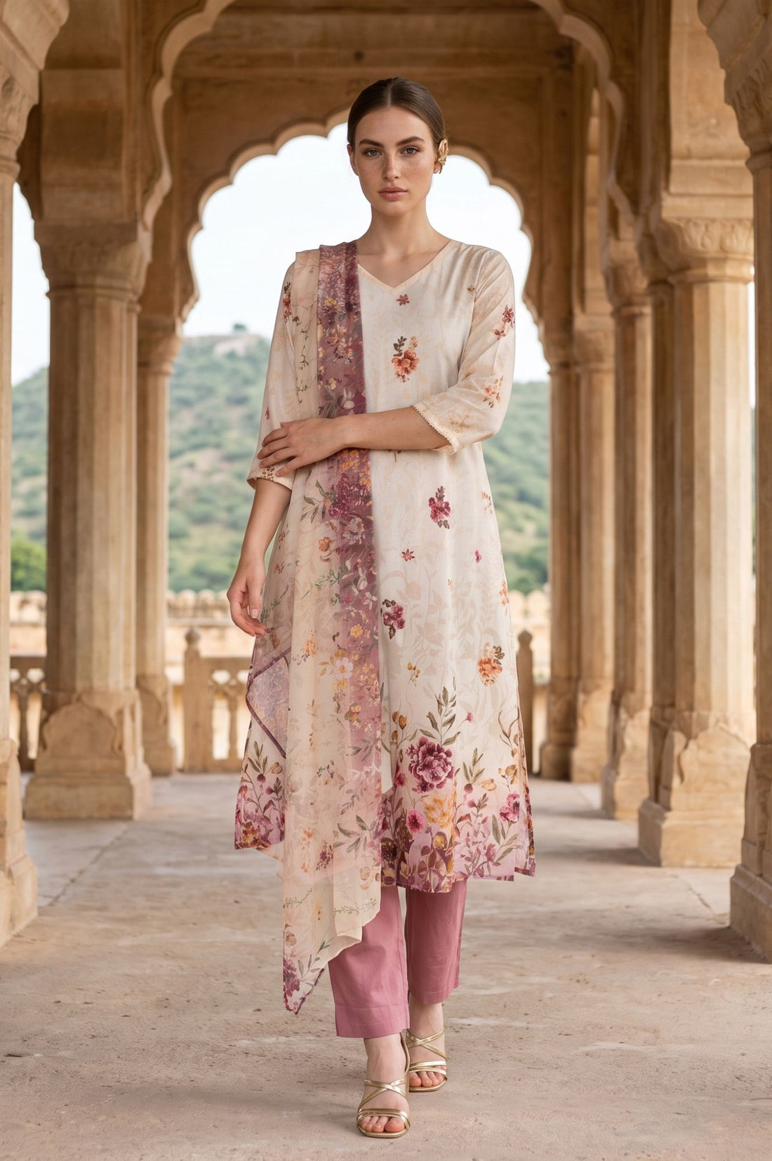Cream Floral Printed Georgette Dupatta
