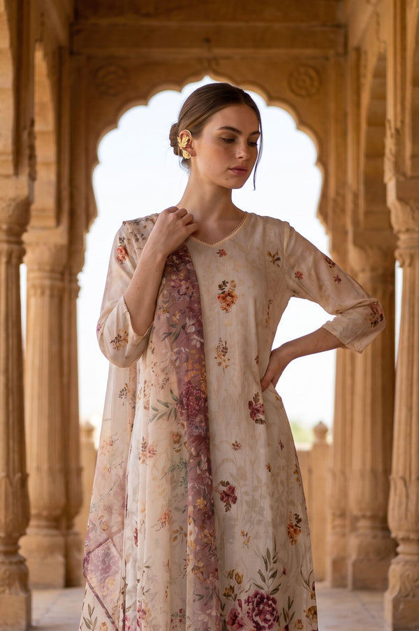 Cream Floral Printed Georgette Dupatta