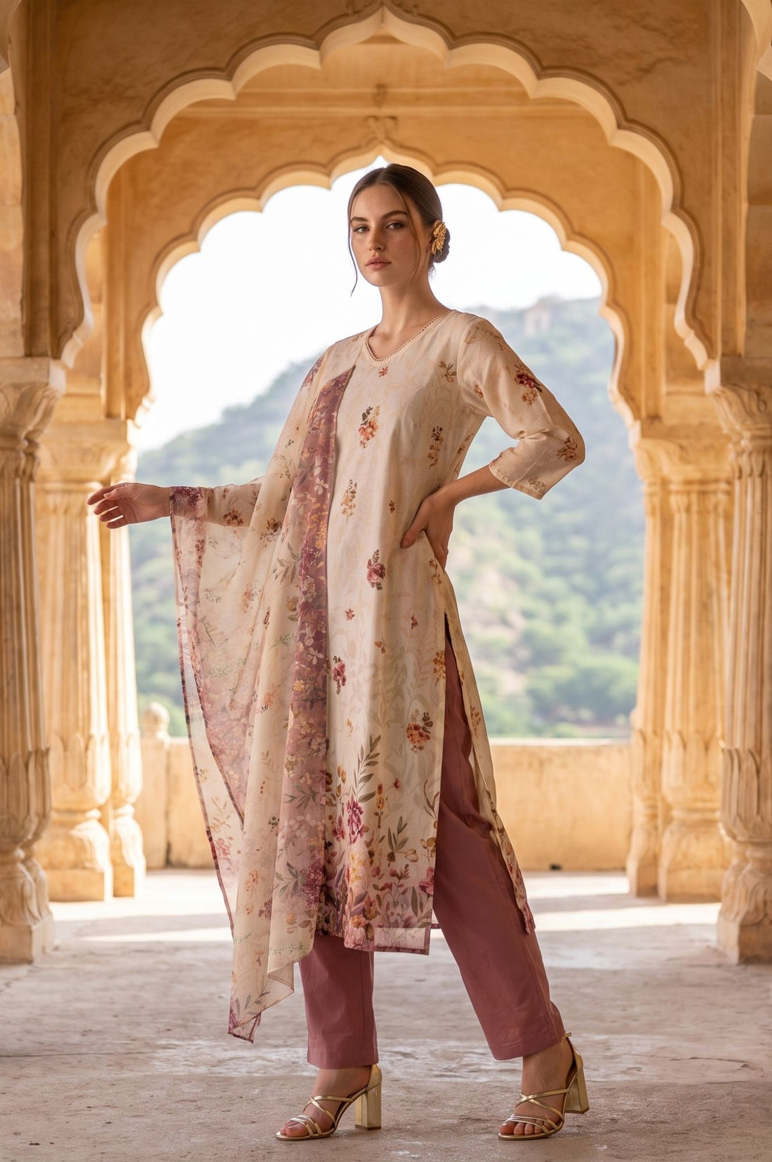 Cream Floral Printed Georgette Dupatta