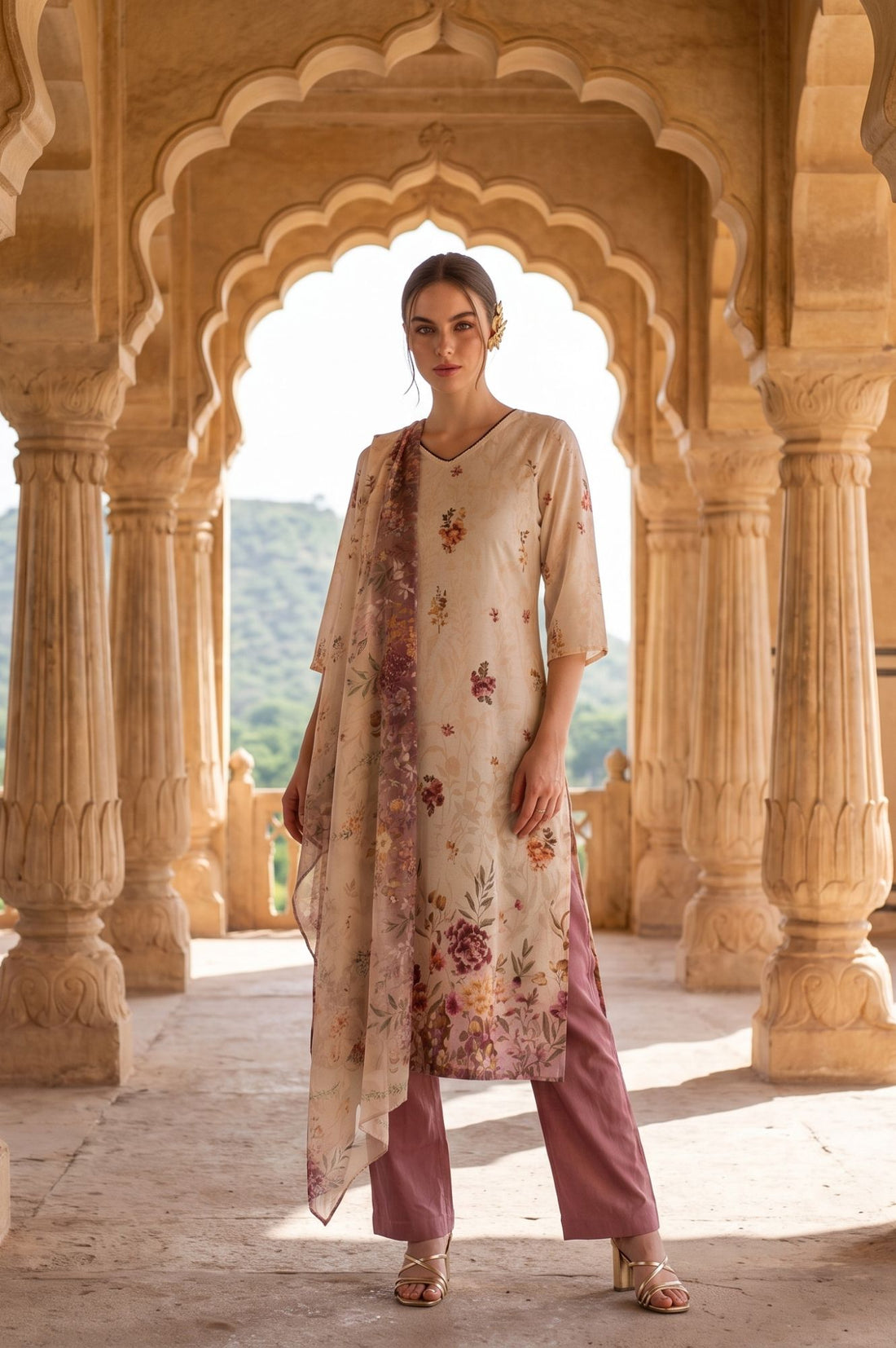 Cream Floral Printed Georgette Dupatta