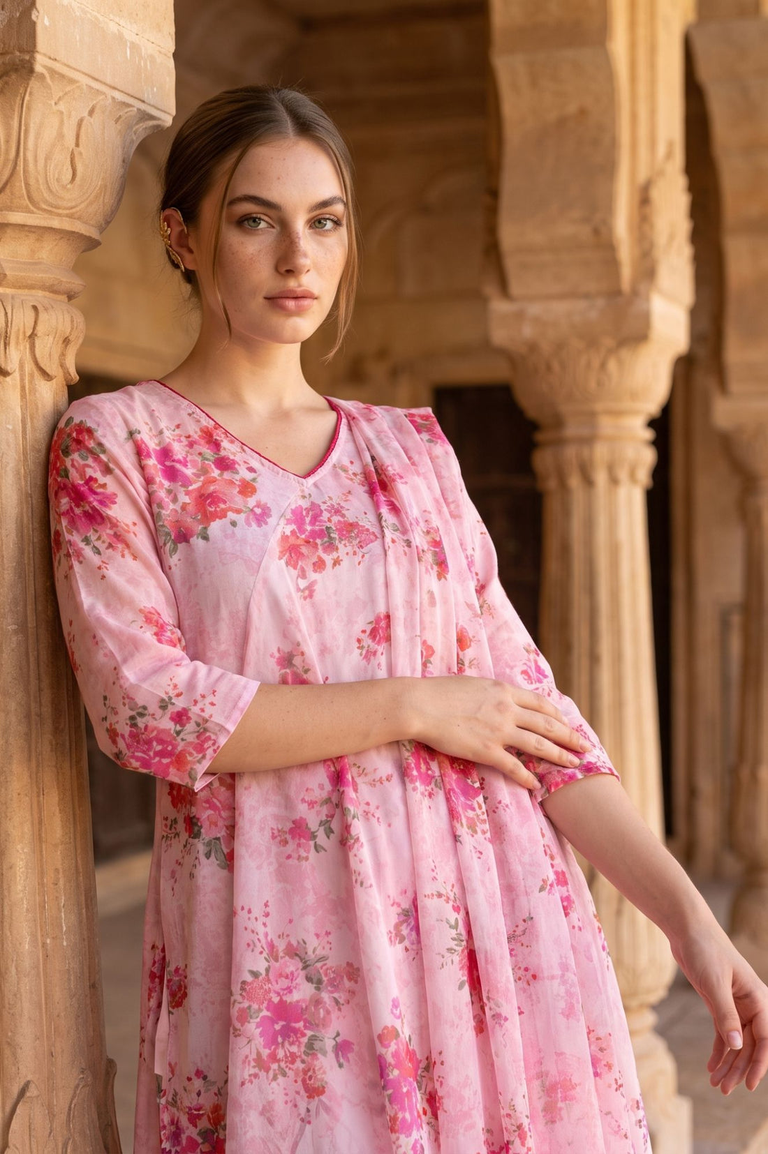 Pink Floral Printed Thread Embroidered Georgette Dupatta