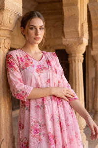 Pink Floral Printed Thread Embroidered Georgette Dupatta
