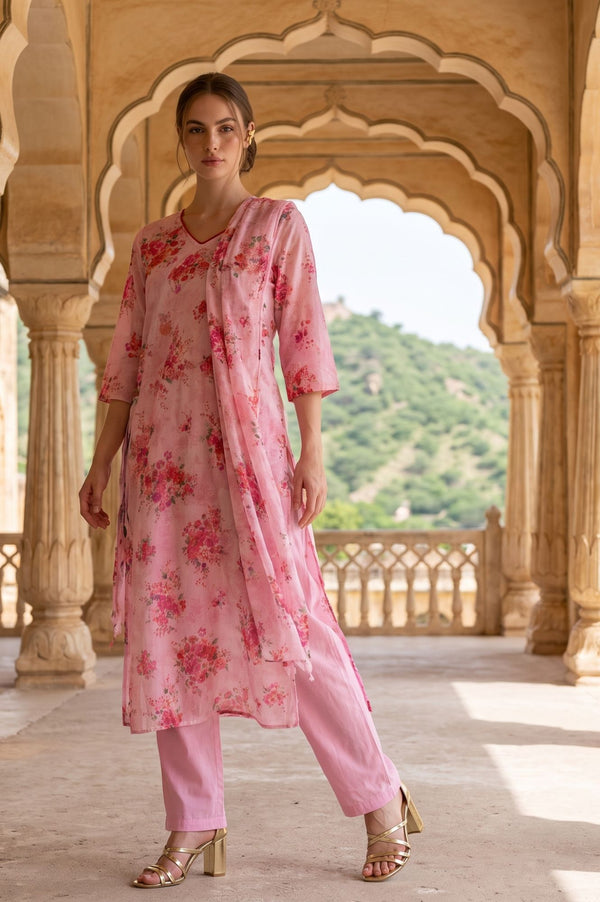 Pink Floral Printed Thread Embroidered Georgette Dupatta