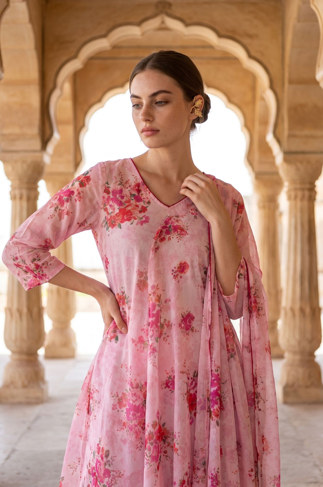 Pink Floral Printed Thread Embroidered Georgette Dupatta