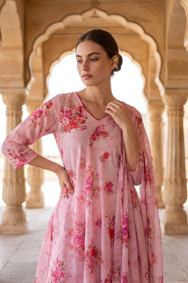 Pink Floral Printed Thread Embroidered Georgette Dupatta