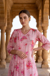 Pink Floral Printed Thread Embroidered Georgette Dupatta