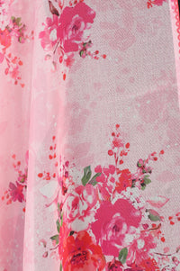 Pink Floral Printed Thread Embroidered Georgette Dupatta