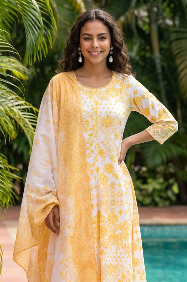 Off White Ethnic Motifs Printed Thread Embroidered Kota Dupatta
