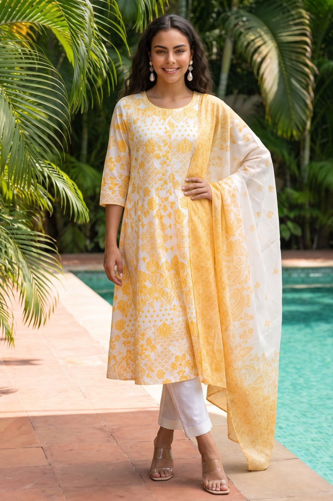 Off White Ethnic Motifs Printed Thread Embroidered Kota Dupatta